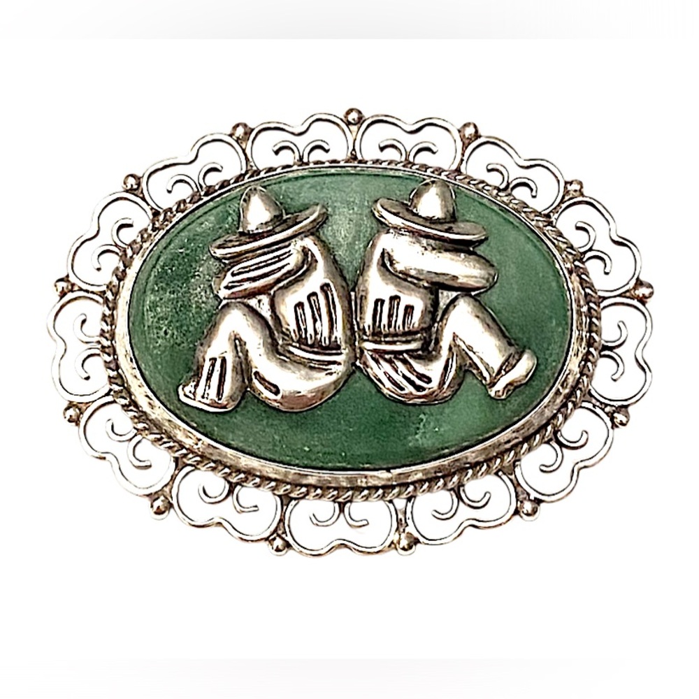 Vintage Sterling Silver Mexican Brooch Green Stone